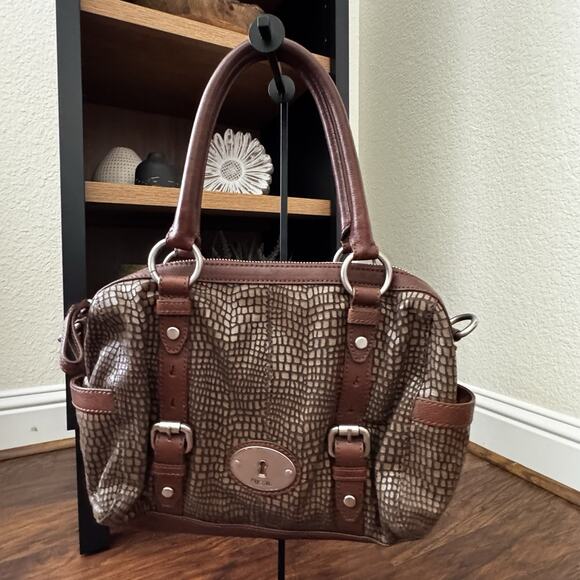 Fossil Maddox Satchel Shoulder Bag Handbag Brown Leather Croc Embossed Y2K - Picture 1 of 12